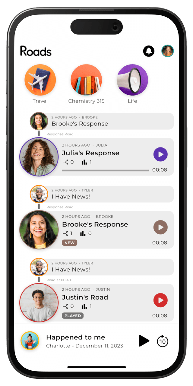 Screenshot of Roads app showing the main player with several comments.