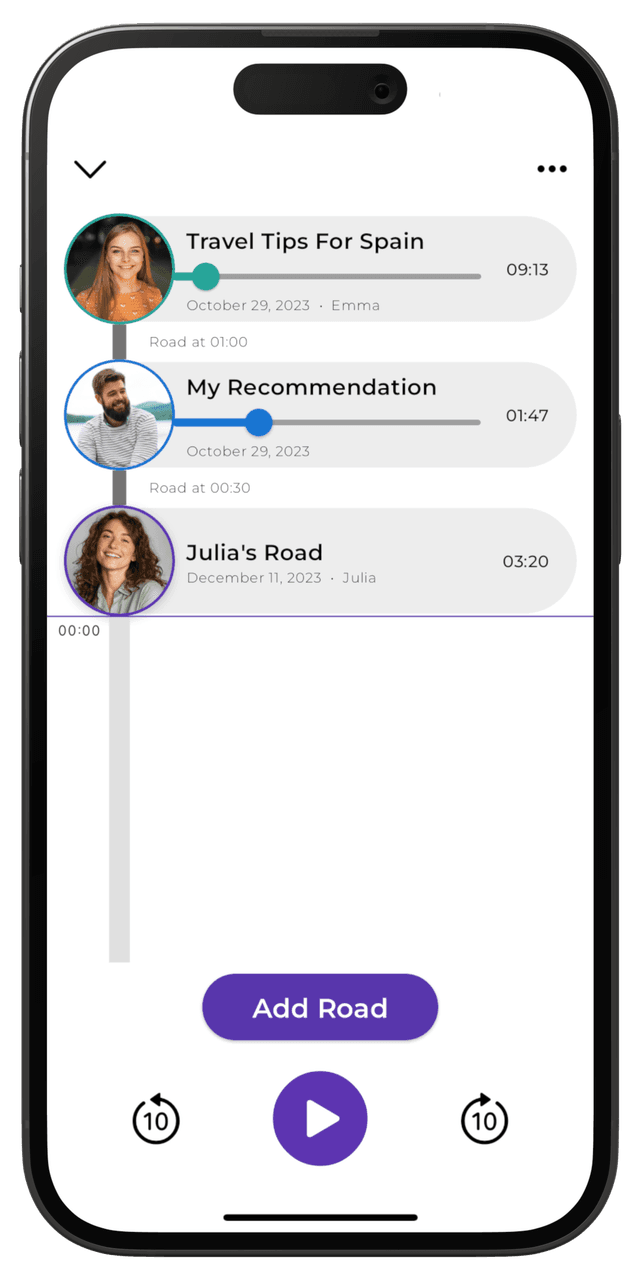 Screenshot of Roads app showing the home page where new comments left by other users can be listened to.